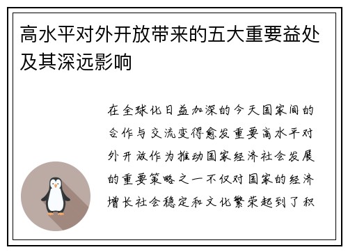 高水平对外开放带来的五大重要益处及其深远影响